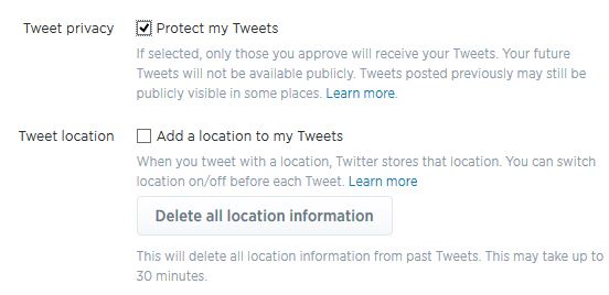 setting protected tweets and turning off location