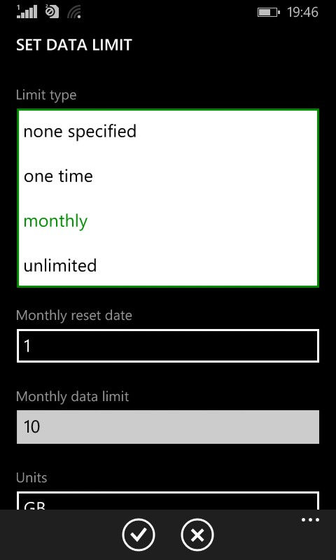 setting data limit schedule in Windows 8.1 phone using data sense