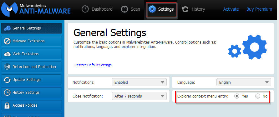 changing malwarebytes integration settings with windows explorer