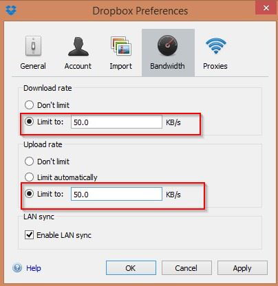 limiting transfer speeds in Dropbox Windows client
