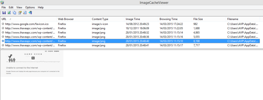 list of cached images from different browsers as displayed by imagecacheviewer