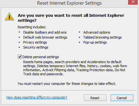 starting the reset process in IE