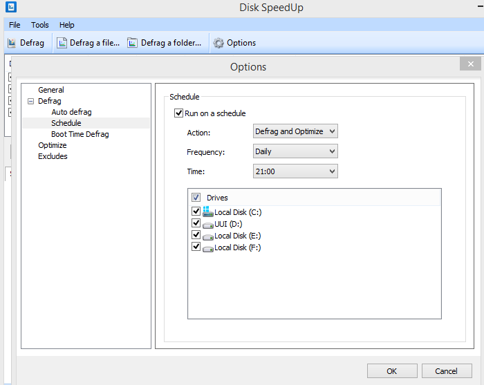 setting a schedule for disk defrag using disk speedup