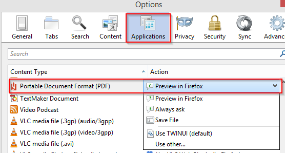 application settings for Firefox