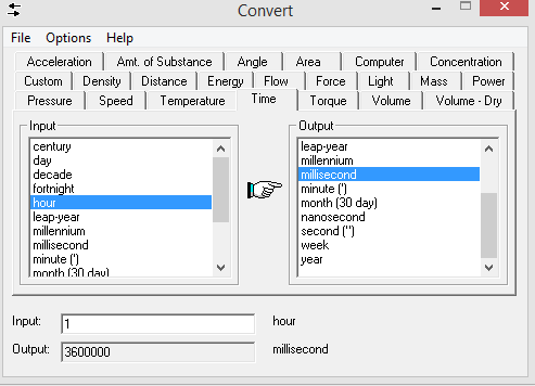 choosing units to convert and input values