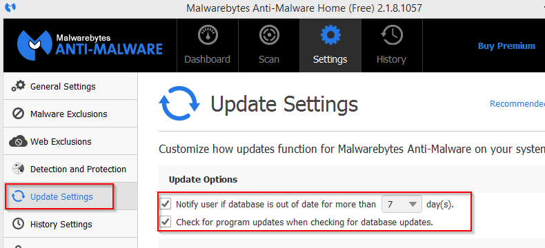 changing update settings in Malwarebytes