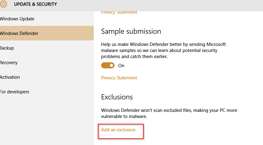 configuring exclusions in windows defender for windows 10