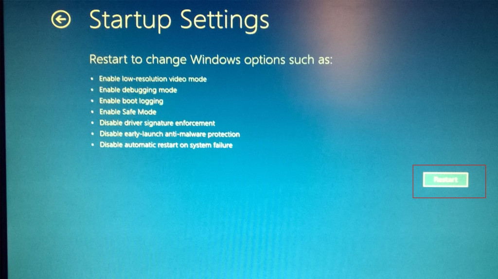 restarting after selecting startup settings in windows 10