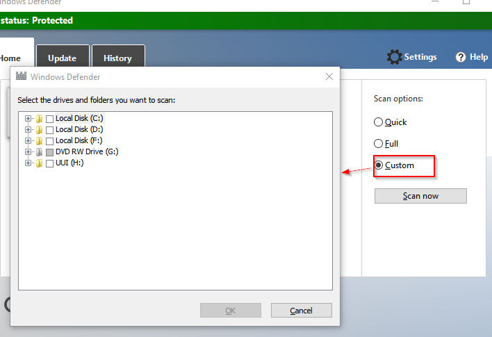 choosing custom scan in Windows Defender