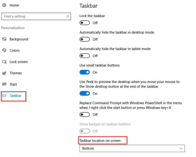 changing taskbar location in windows 10