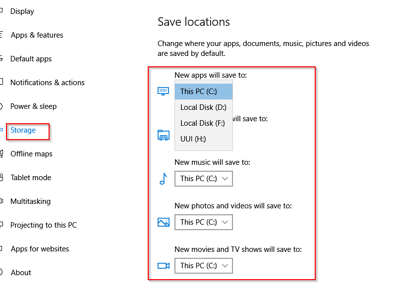 changing default installation path for apps and media files in Windows 10