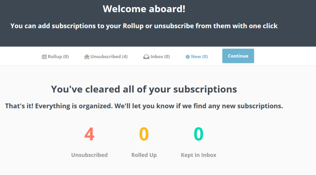 status of actions taken for subscription emails when using unroll.me