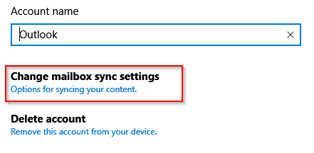 sync settings option in Windows 10 Mail app