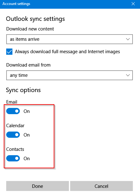 different sync settings in Windows 10 Mail app