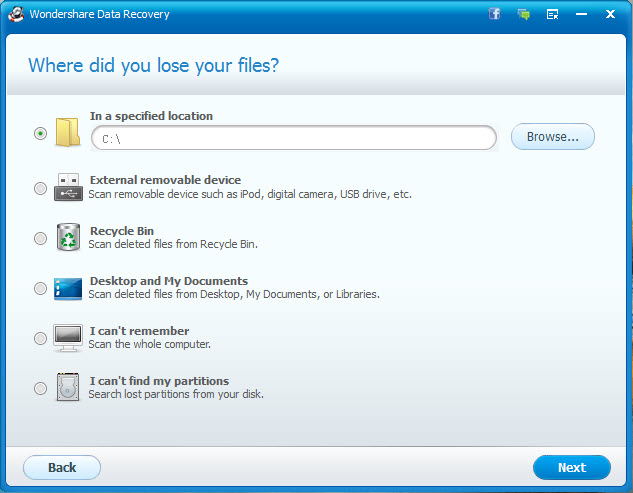 selecting source location of missing files to be recovered