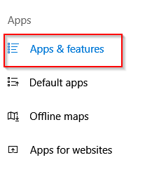 apps and features in Windows 10 settings