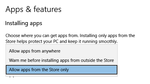 restricting app installation in Windows 10