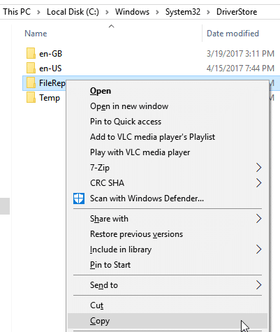 copying file repository folder from windows 10 drivers path