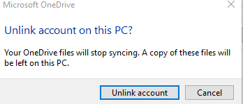 confirming PC to be unlinked from OneDrive