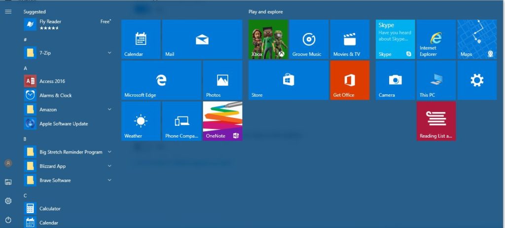 default start menu in windows 10