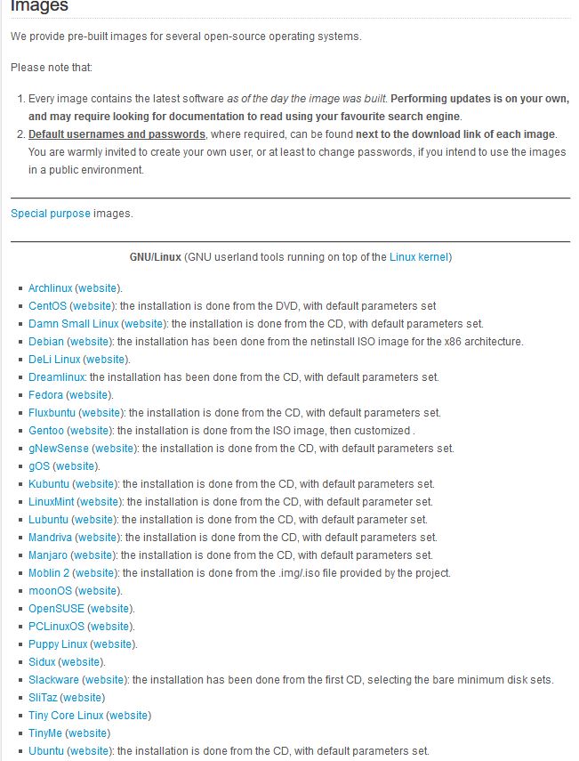 list of pre-configured linux images available for use in virtualbox