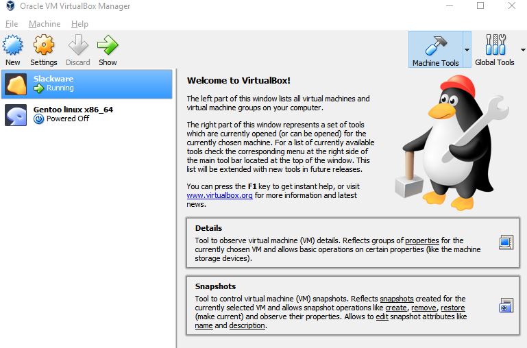 available virtual machines in virtualbox