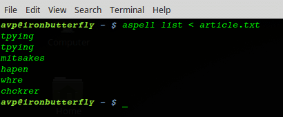 list of typos displayed by aspell in Linux terminal