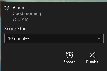 alarm notifications in Windows 10