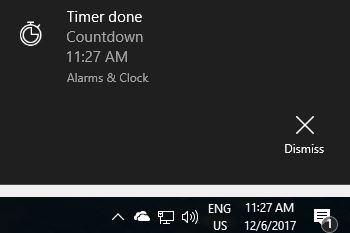 Timer notification displayed using Alarms & Clock