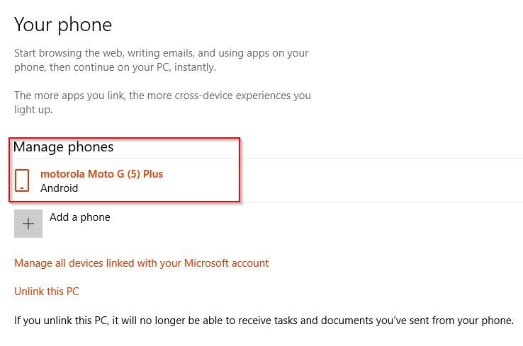 android phone that is linked with Windows 10 PC