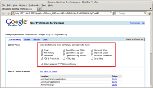 Google Desktop for Linux Preferences - Indexing Options