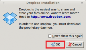 Click 'OK' to continue installing dropbox in Linux Mint / Ubuntu