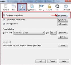 Pop-up settings in Firefox