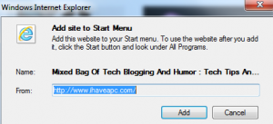 Adding website to Windows start menu from Internet Explorer 9