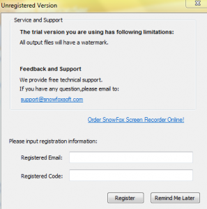 Registration window for SnowFox Screen Recorder