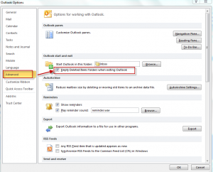 Enable delete on exit for deleted items folder in Outlook 2010