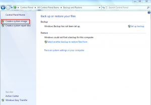 Selecting option of creating a Windows 7 system image